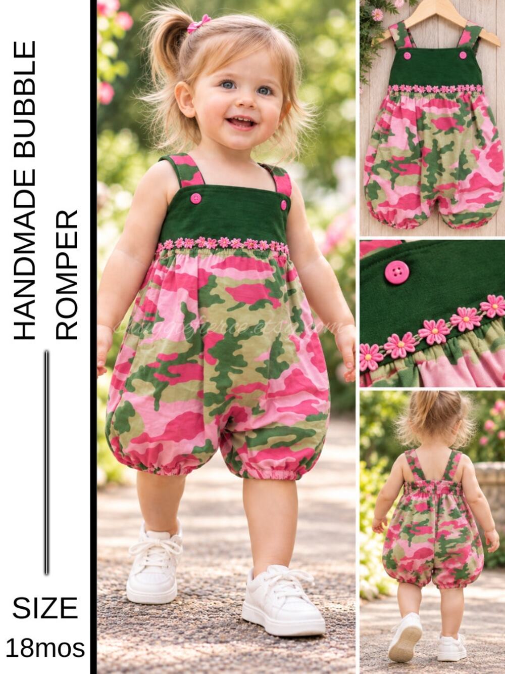 ✨SHUGGIE FIERCE Handmade and Upcycled Camo Bubble Romper – Size 18 Months ✨